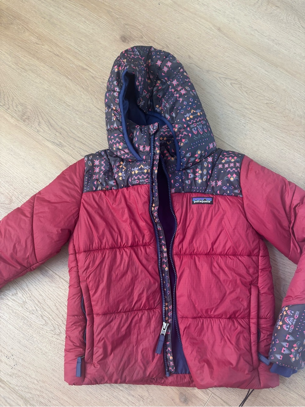 Patagonia Girls' Red Reversible Puffer Jacket with Patterned Hood Trim